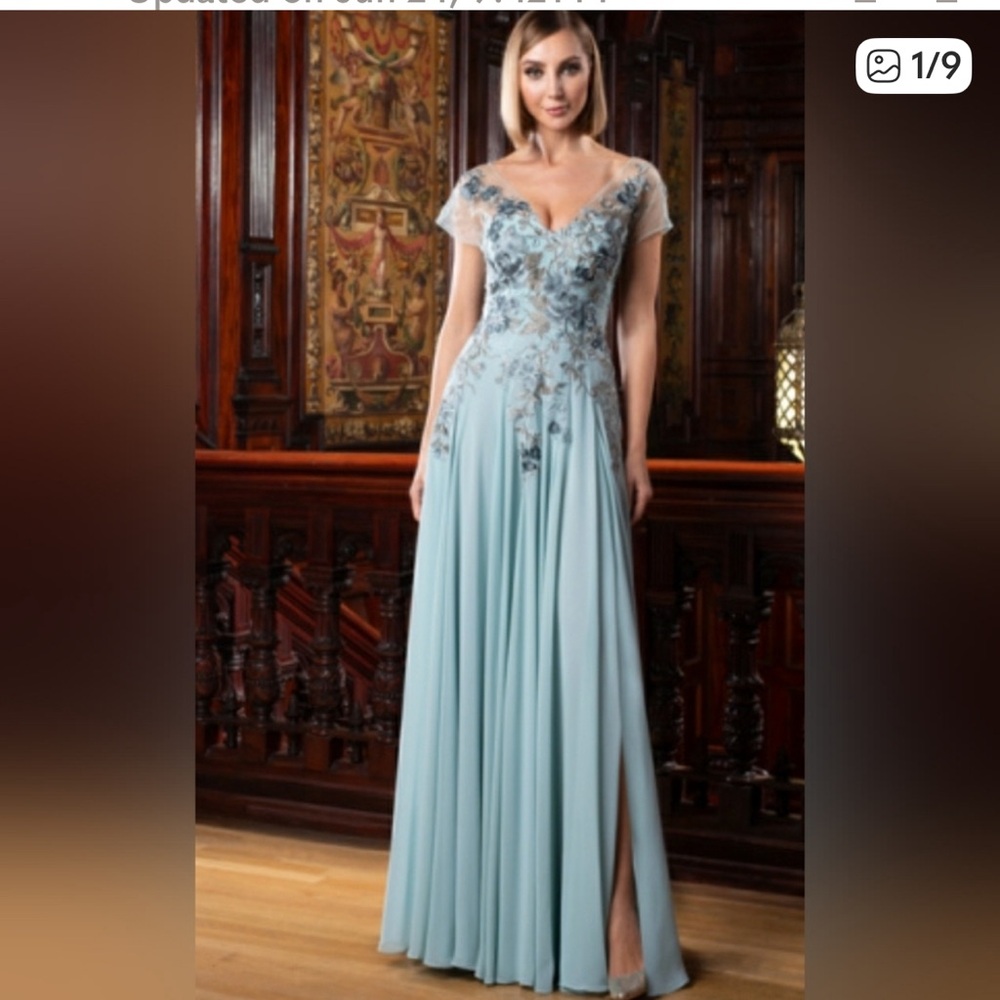 Elegant Light Blue Embroidered Maxi Dress